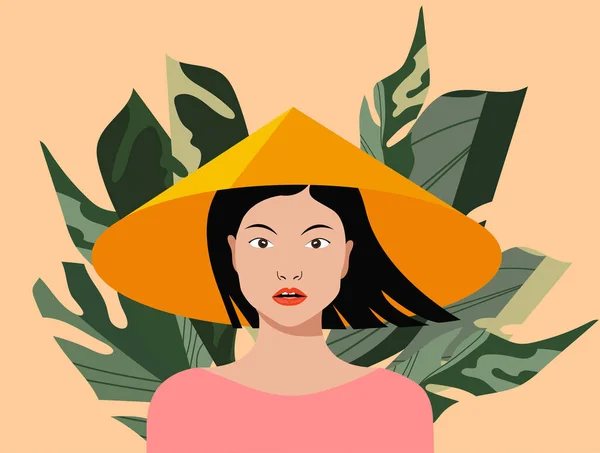 Asyalı Kadın Geleneksel Kostüm Konik Şapka Genç Güzel Bir Kadın — Stok Vektör
