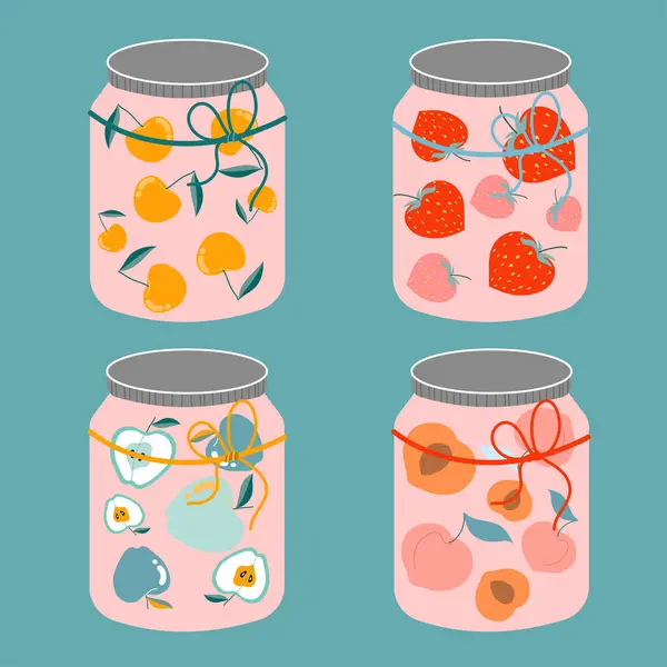 Τέσσερα Διαφορετικά Βάζα Φρούτων Εικονογραφήσεις Από Νόστιμα Βάζα Φράουλες Μήλα — Διανυσματικό Αρχείο