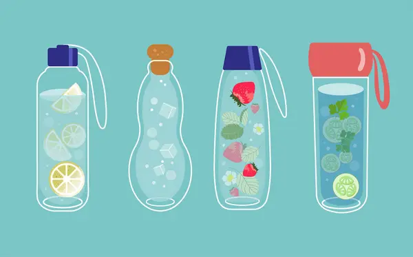 Geïnfundeerd Water Glazen Flessen Groenten Fruit Een Water Detox Frisdrank — Stockvector
