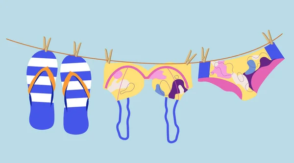 Vektorová Ilustrace Plavkami Žabkami Zavěšenými Šňůře Prádlo Letní Cestování Dovolená — Stockový vektor