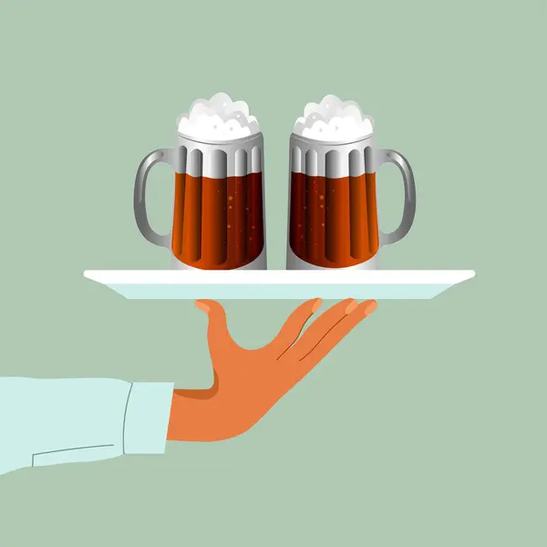 Beer Tray Glass Beer Men Holding Hand Mug Hand Isolated — Stock Vector