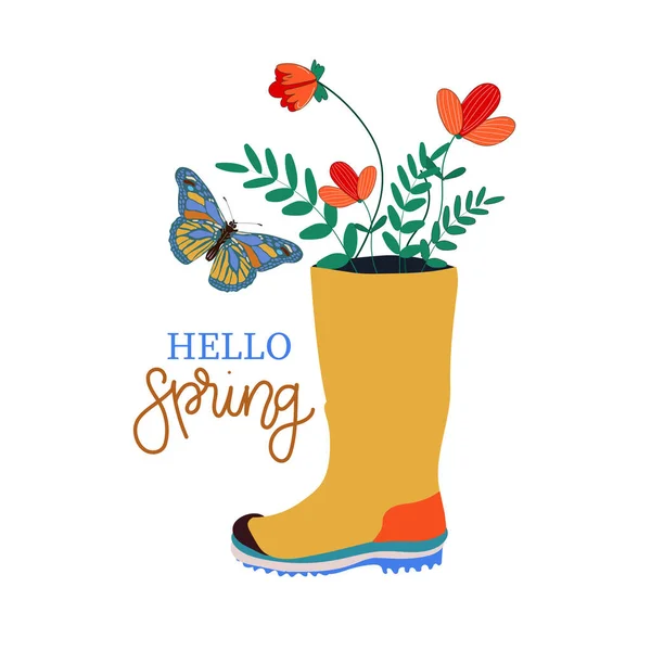 Merhaba Spring. Çiçekli ve kelebekli şirin lastik botlar. El çizimi bahar baskısı, kartpostal, poster. El yazısı metin, harf