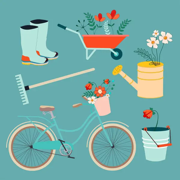 Trädgårdsset Med Blommor Växter Cykel Skottkärra Och Trädgårdsredskap Våren Vektorillustration — Stock vektor