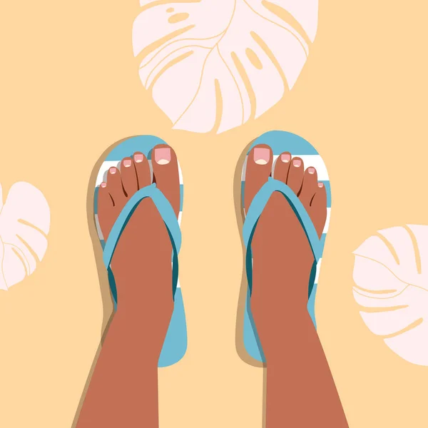 Plaj Terlikleriyle Pedikürlü Bir Çift Kadın Bacağı Plaj Ayakkabıları Renkli — Stok Vektör