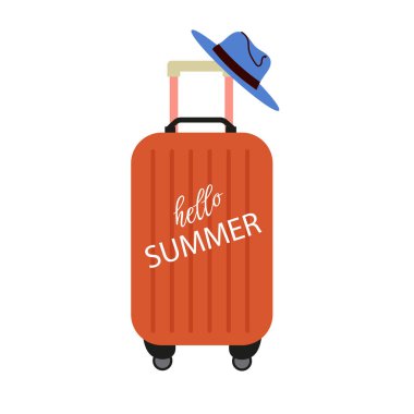 Merhaba yaz, yaz valizleri, şapka. Seyahat ögeleri, aksesuarlar, vektör illüstrasyonu