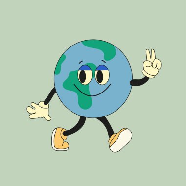 Şirin gezegen Dünya karakteri. Duyguları, yüzü, kolları, bacakları ve ayakkabıları olan sevimli bir toprak küresi. Çizgi film tarzı. El çizimi moda vektörü çizimi. Dünya Toprak Günü, doğa bakımı kavramı