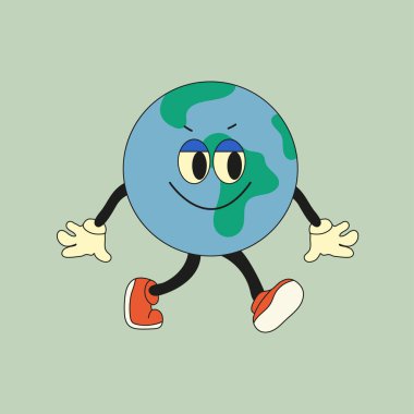 Şirin gezegen Dünya karakteri. Duyguları, yüzü, kolları, bacakları ve ayakkabıları olan sevimli bir toprak küresi. Çizgi film tarzı. El çizimi moda vektörü çizimi. Dünya Toprak Günü, doğa bakımı kavramı