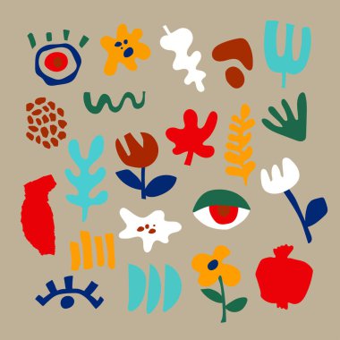 Matisse tarzı. Geometrik ve organik şekiller kağıt kesiği tarzında. Logo, desenler, posterler, kapaklar ve kartlar oluşturmak için soyut modern çiçek unsurları