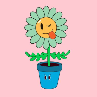 Saksı. Yüzü olan soyut çizgi film karakteri. El çizimi vektör çizimi. Botanik kabı, şirin ev bitkileri. izole ögeler