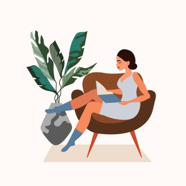 Genç bir kadın rahat bir koltukta oturup kitap okuyor. Evde vakit geçirmek, rahatlamak, dinlenmek, hobi. Vektör illüstrasyonu beyaz arkaplanda izole edildi.