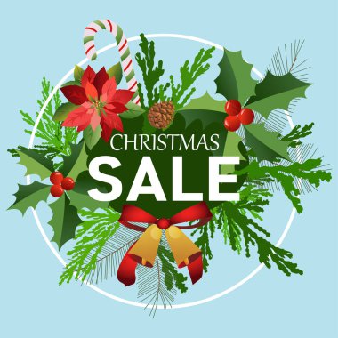 Noel indirimi. Mavi arka planda Noel çanları ve renkli Noel unsurlarıyla reklam afişi. Vektör illüstrasyonu.