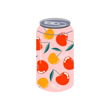 Alkolsüz içecek. Sulu kirazlı ve renkli etiketli alüminyum soda kutusunun vektör çizimi