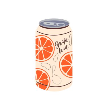 Alkolsüz içecek. Sulu greyfurtlu ve renkli etiketli alüminyum soda kutusunun vektör çizimi