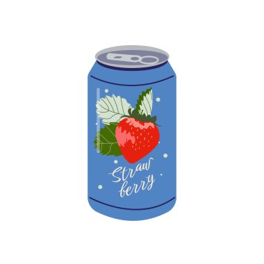 Alkolsüz içecek. Sulu çilekli ve renkli etiketli alüminyum soda kutusunun vektör çizimi