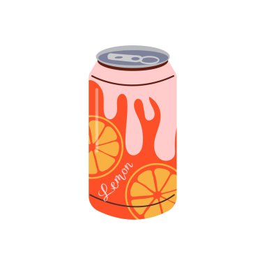 Alkolsüz içecek. Sulu limonlu ve renkli etiketli alüminyum soda kutusunun vektör çizimi