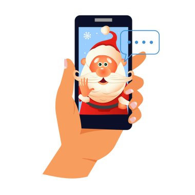 Noel Baba 'yı ara, mobil uygulamayla internette sohbet et. Evde kal, çalış, uzaktan iletişim kur. El ele tutuşan akıllı telefon. Noel Baba cihaz ekranından arıyor. İnternet kurye vektör illüstrasyonu.