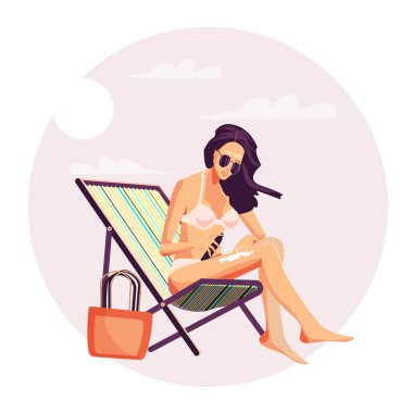 Kol 2D izole edilmiş resimlere güneş kremi süren bir kız. Cilt rutini. Çizgi film geçmişinde düz karakterli genç bir kadın. Sahildeki renkli sahnelerde vakit geçirmek.