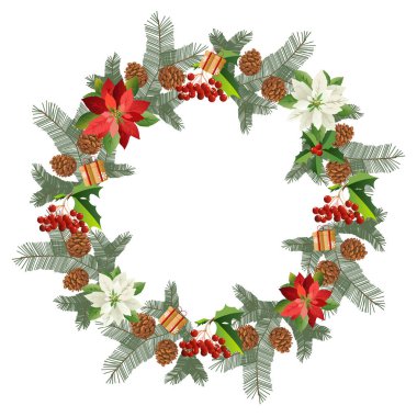 Kış çelengi. Mutlu Noeller ve mutlu yıllar, beyaz arka plan. Yeşil çam, köknar dalları, koniler, kırmızı böğürtlenler, noktalı çiçekler, Noel süslemeleri. İllüzyon. Doğal tasarım.