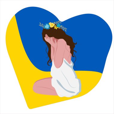 Ukrayna 'da savaş. Ukrayna 'yı destekleyin. Bayrağın arka planında çelenk takmış bir kız ağlıyor. Ülkesini seviyor.