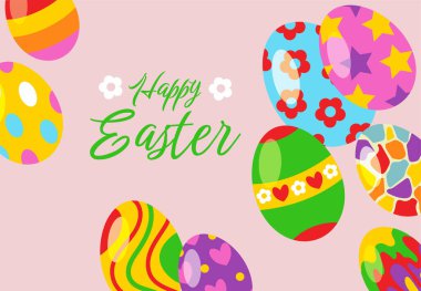 Paskalya afişi ve afişi açık pembe arka planda Paskalya yumurtaları. Paskalya ve düz stil hediyeler..