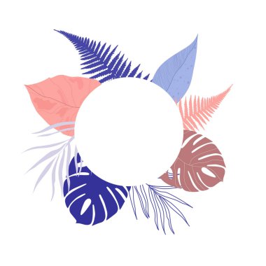 Kartpostal şablonu. Beyaz arka planda tropikal yapraklı kompozisyon. Çelenk, çerçeve, sınır. Tebrik kartı, poster, metin için yeri olan pankart