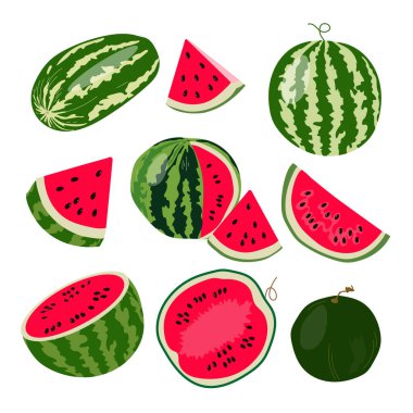 Çeşitli karpuzlar. Karpuz, dilimlenmiş, dilimler, dilimler, çeyreklik karpuz. Beyaz arkaplanda izole edilmiş düz biçimli renk vektör illüstrasyonu.