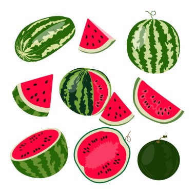 Çeşitli karpuzlar. Karpuz, dilimlenmiş, dilimler, dilimler, çeyreklik karpuz. Beyaz arkaplanda izole edilmiş düz biçimli renk vektör illüstrasyonu.