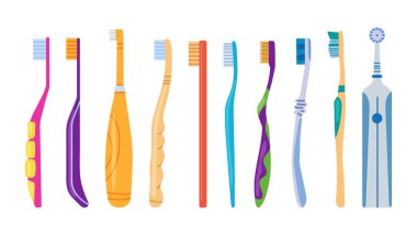 Kocaman ağız temizleme aletleri. Çeşitli diş fırçaları. Elektrikli diş fırçası. Diş hijyeni, ağız bakımı konsepti. Vektör illüstrasyonu.