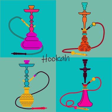 Çeşitli nargileler. Logo logosu konsepti. Renkli arkaplanlar üzerindeki vektör çizimleri.