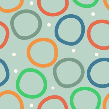 Yeşil arka planda çok renkli daireler. Vektörsüz arkaplan, çekici tasarım, genel arka plan için uygun çocuksu karalamalar.