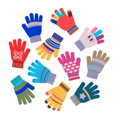 Beyaz bir arka planda parlak, sevimli çocuk eldivenleri. Soğuk hava için sevimli renkli yün ya da örgü eldivenler.