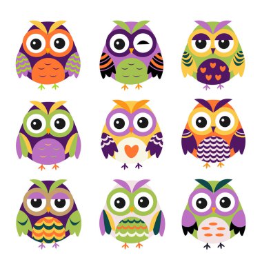 Bir çift sevimli parlak baykuş. Farklı duyguları olan baykuşlar. Vektör illüstrasyonu beyaz arkaplanda izole edildi.