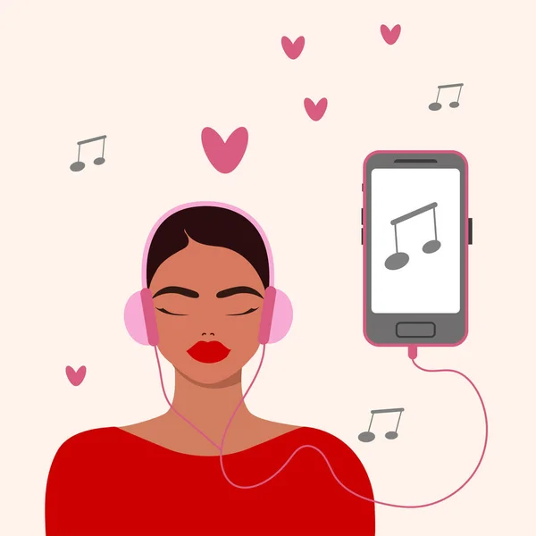 Kulaklıklı güzel bir genç kız en sevdiği müziği dinliyor ve gülümsüyor. Meloman, müzik aşığı, hayran. Akıllı telefon, düz vektör illüstrasyonuyla şarkıları kulaklıkla dinleyen kadın