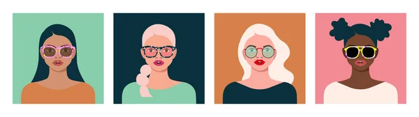 Schöne Frauen Verschiedenen Sonnenbrillen Unterschiedliche Kleidung Nahaufnahme Quadratische Porträts Niedlicher — Stockvektor