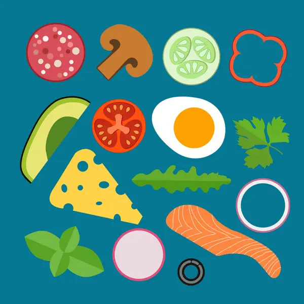 Hamburger ve sandviç için malzeme seti. Dilimlenmiş sebzeler, sosis, peynir, balık, yumurta, yeşiller, avokado, vektör çizim düz simgeler koleksiyonu koyu arkaplanda izole edilmiş..