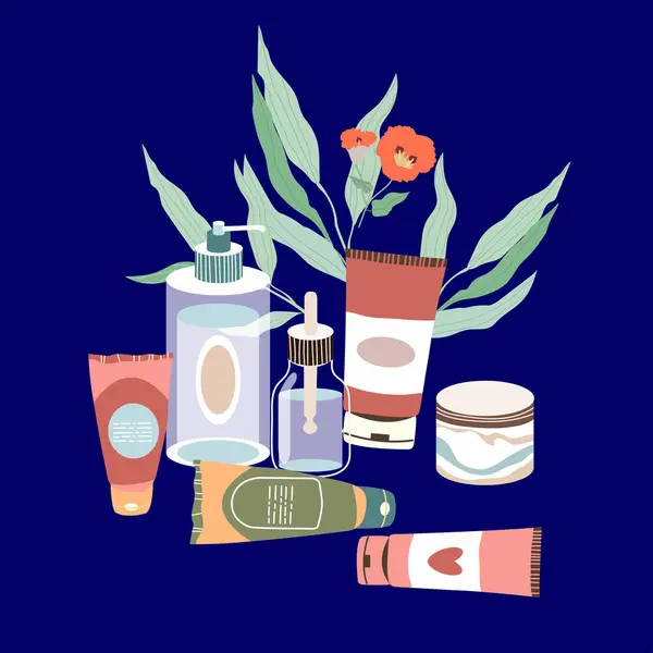 Cilt bakım ürünleri. Elle çizilmiş sıvı kozmetik setleri: şişe, sprey ve tüpler. Kadın kozmetik ürünleri ve çiçek yaprakları. Spa salonunun modern tasarımı, web sayfası afişi ve tebrik kartı.