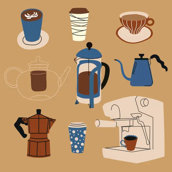 Kahve yapmak için ekipman. Bir takım izole kahve elementleri. Fransız presi, kahve makinesi, bardak, bardak, su ısıtıcısı. Menü koleksiyonu, kafe. El çizimi modern vektör illüstrasyon biçimleri Vektör resimleri