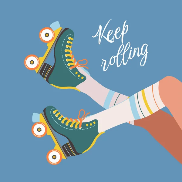 レトロなローラーのスケートと靴下を着用している少女の足 カラフルなフラットスタイルのローラースケート女性と キープローリング メッセージのベクトルイラスト 70年代か80年代のローラー ディスコの概念 — ストックベクタ