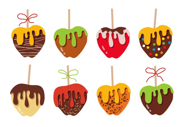 Karamelli Elma Şekeri Seti Ayrı Elmalar Çikolatalı Karamel Şekerli Tatlılar — Stok Vektör