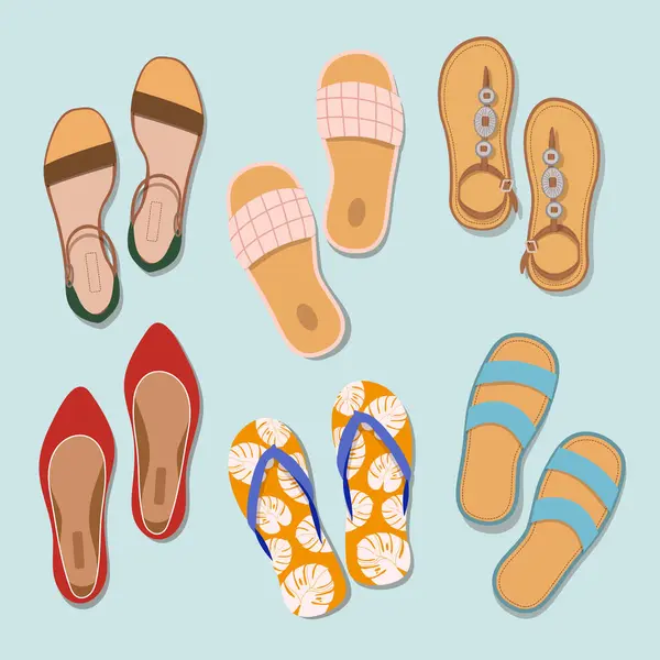 Women Summer Footwear Set Vector Illustrations Colorful Collection Summer Sandals — Stock Vector