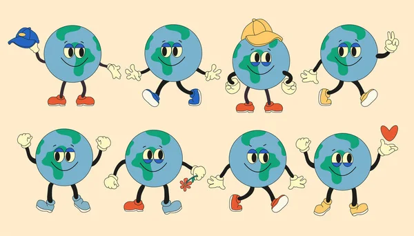 Coleção Personagens Planeta Terra Globo Terra Engraçado Com Emoções Rosto — Vetor de Stock