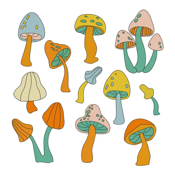 Set Clockwork Mushrooms Retro 70S Style Psychedelic Abstract Hippie Style — Stock Vector