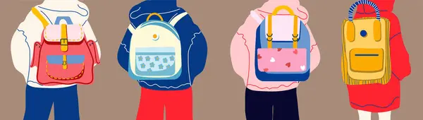 Люди Огромной Одежде Стоят Разноцветными Рюкзаками Вид Сзади Назад Школу — стоковый вектор