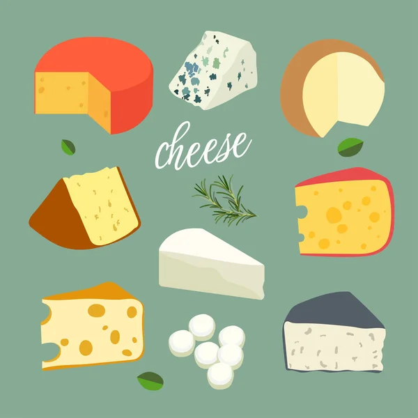 Farklı Peynir Çeşitleriyle Ayarlanmış Peynir Seti Yeşil Arka Planda Izole — Stok Vektör
