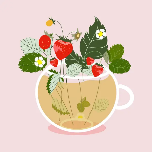 一杯有鲜花和浆果的茶 时尚的手绘矢量图解一个装满鲜花和草莓的杯子 网络横幅 邮筒的浪漫春隔离设计 — 图库矢量图片