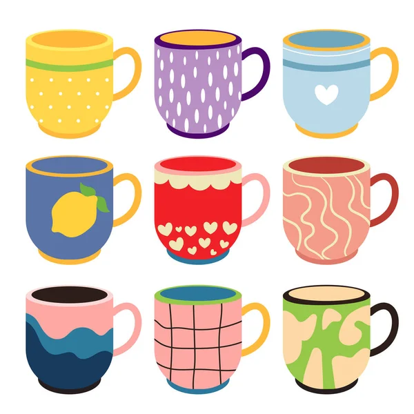 Collection Colorful Cups Decorated Design Elements Vector Flat Illustration Set — Stock Vector