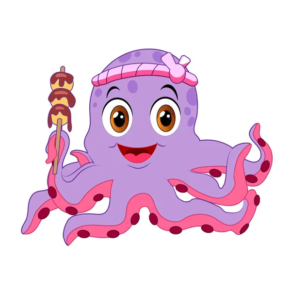 Octopus Cartoon Style Hold Takoyaki Kanji Mean Takoyaki — Stock Vector