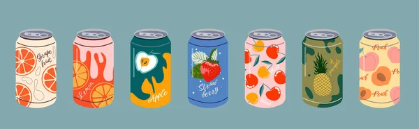 Várias Bebidas Gaseificadas Deliciosas Conjunto Vetorial Refrigerantes Latas Alumínio Desenho — Vetor de Stock