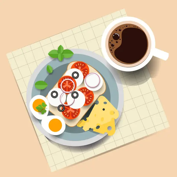 Food Breakfast set. Plate with toast , egg, tomato,cucumber,radish, mozzarella, salad,olives, cheese, coffee mug. Top view morning meal. Vector illustration