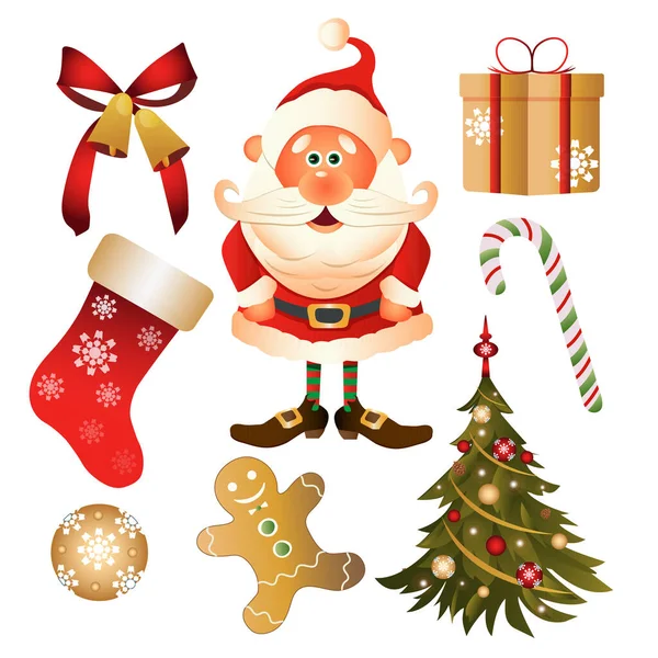 Conjunto Festivo Com Papai Noel Elementos Decorativos Natal Ilustração Vetorial — Vetor de Stock